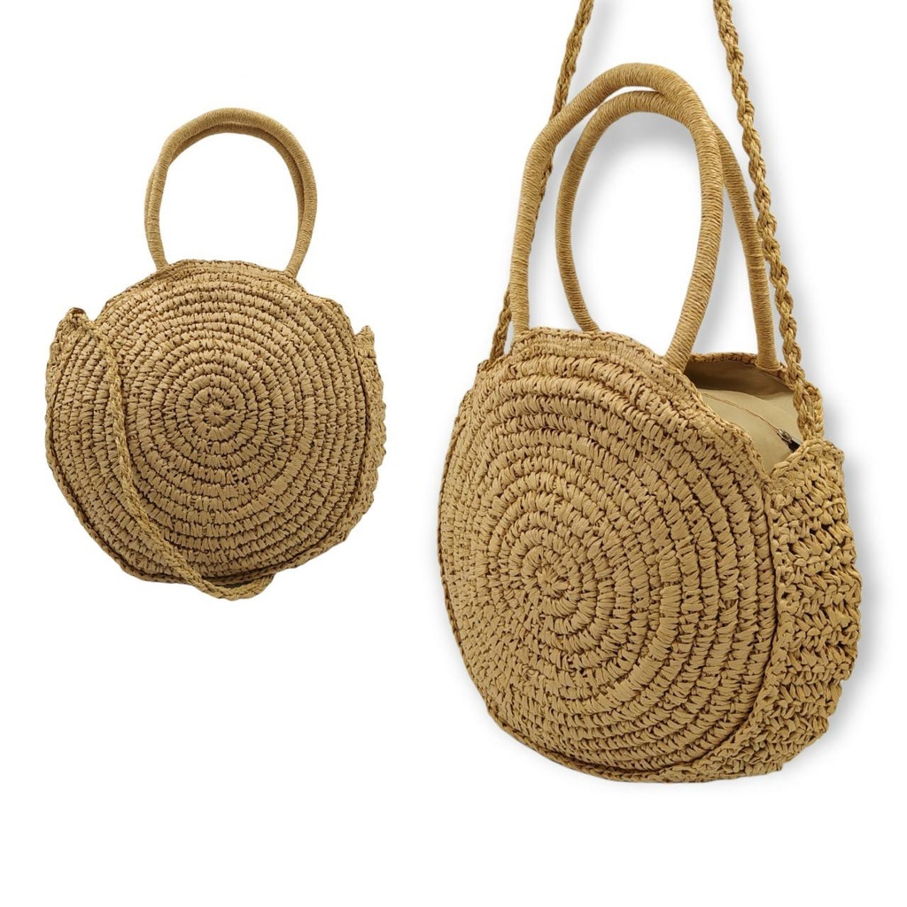 Bolsa De Praia Redonda Saco Tiracolo Palha Sintética Moda Praia