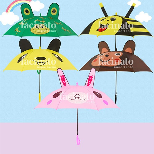 Sombrinha Guarda Chuva Infantil Bichinhos Com Orelhinhas Abertura Automática Com Apito