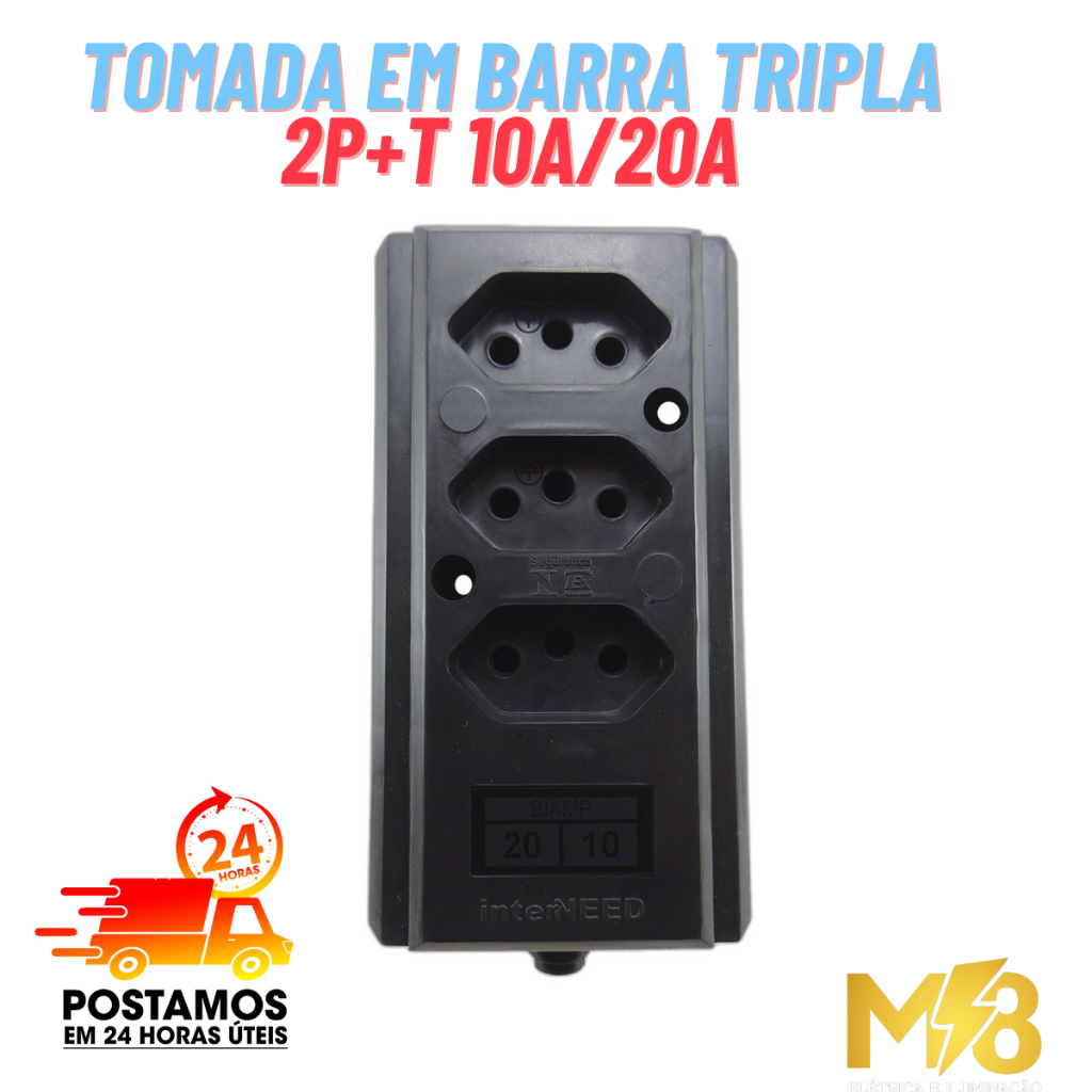 Tomada Barra Interneed Tripla 10/20a 2 Polos +terra Preta