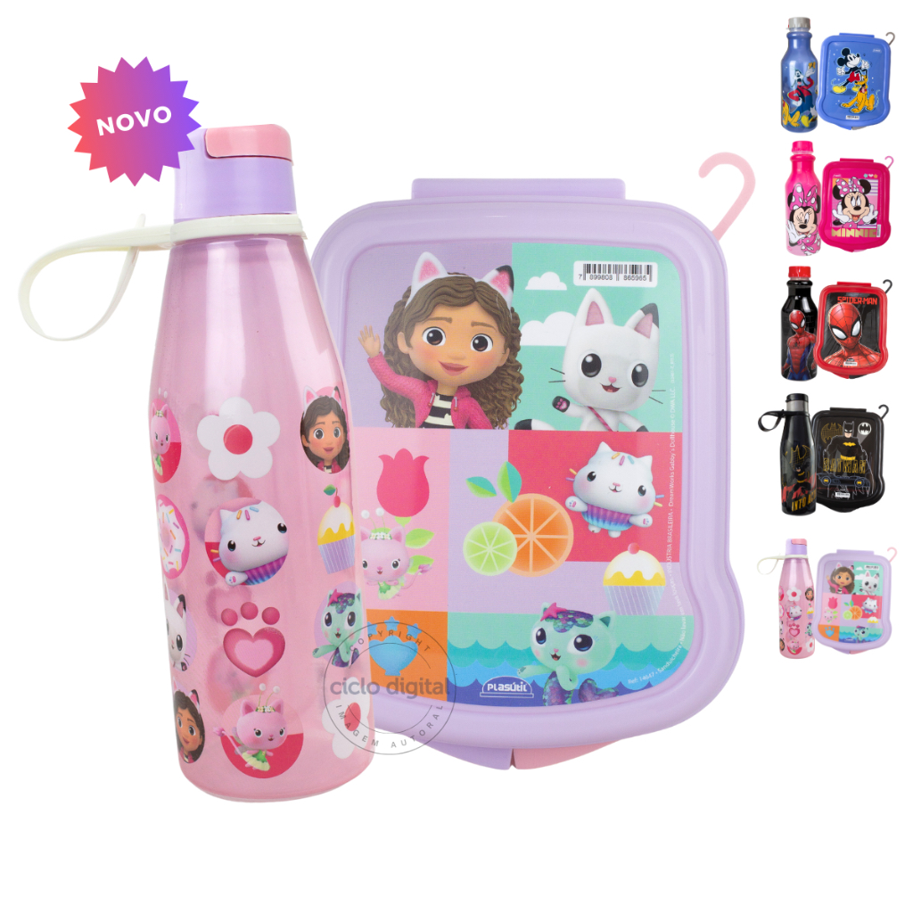 Kit Garrafa Garrafinha Água 500 Ml Sanduicheira Porta Lanche Lancheira Minnie Mickey Gabby PlasÚtil