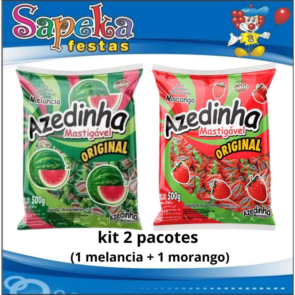 kit 2 pacotes de balas azedinhas mastigáveis (Melancia e Morango) 500g cada em Oferta na Shopee