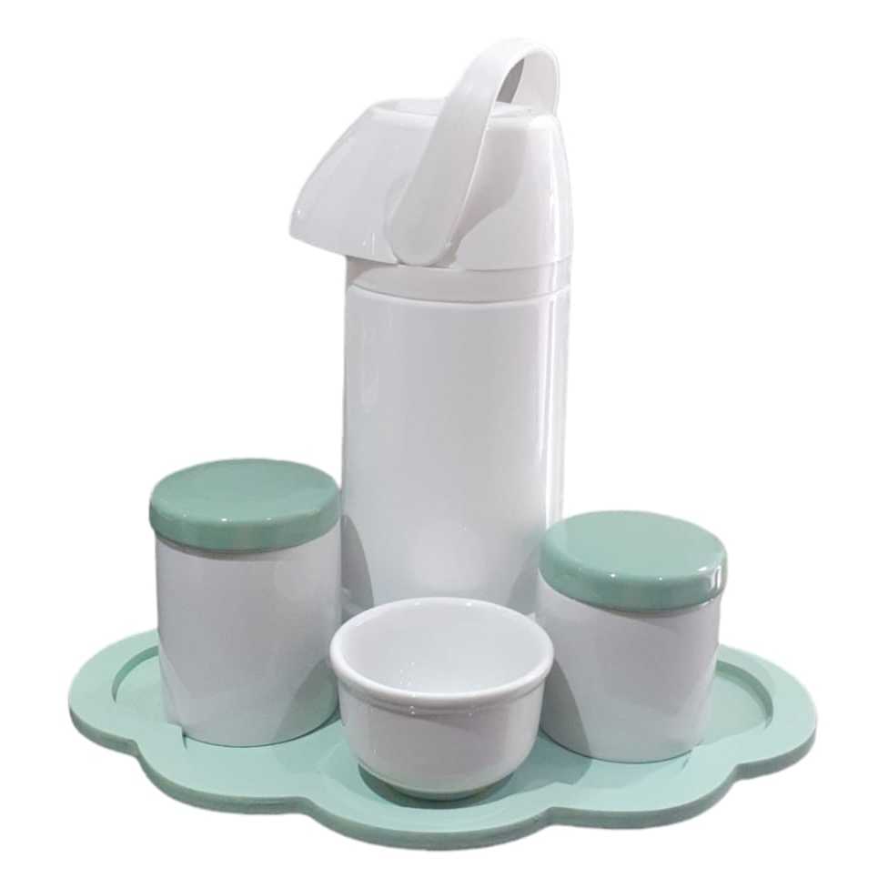 Kit Higiene Bebê porcelana potes tampa bandeja nuvem verde menino maternidade garrafa térmica grande 1 litro pressão