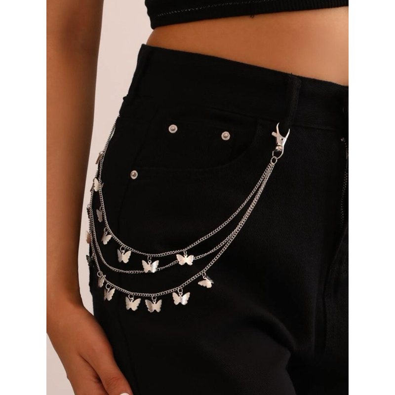Corrente de Borboletinhas - Corrente de Calça multi camadas na cor prata com pingentes de borboletas