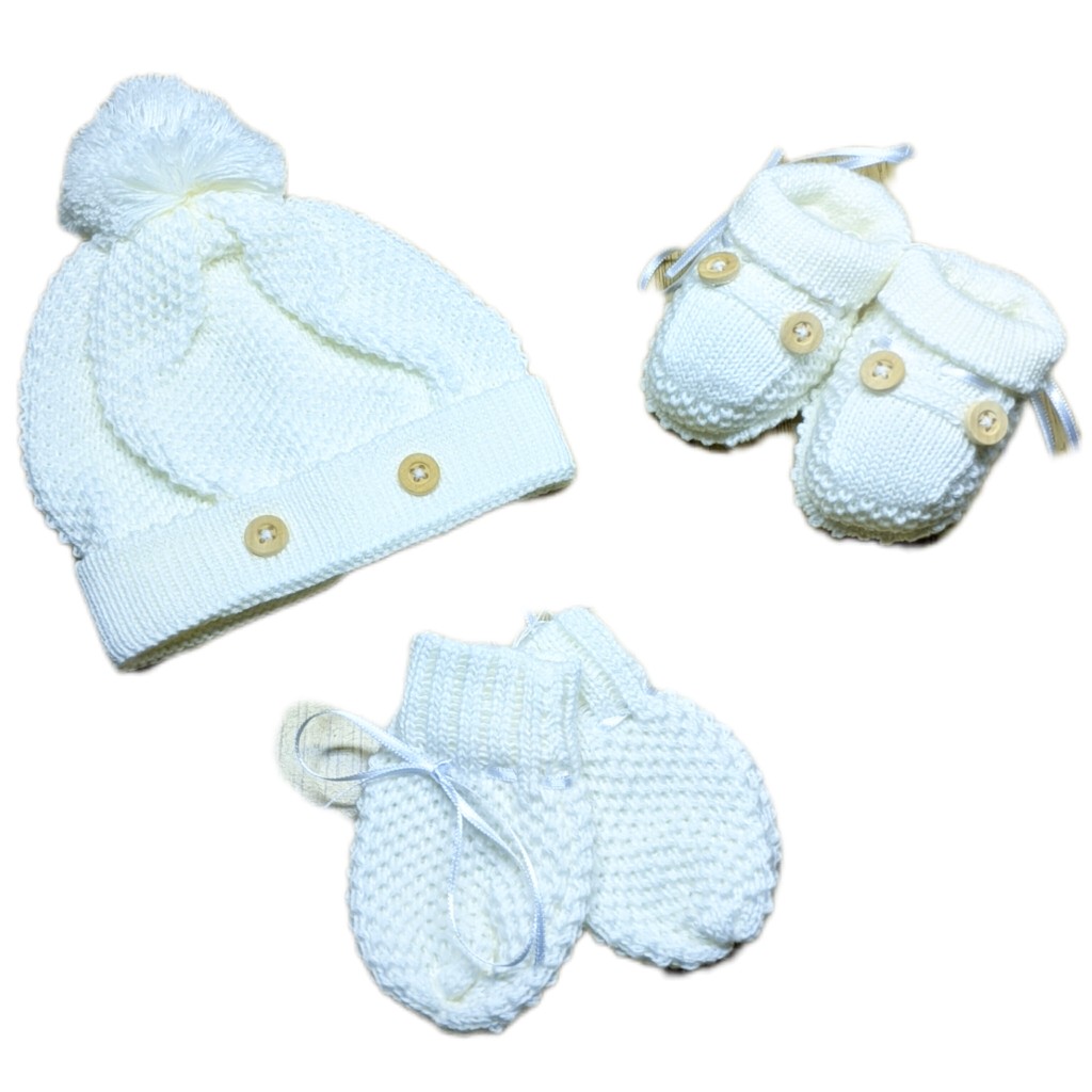 Kit Touca/Gorro Luva e Sapatinho/Botinha Branco Madeira bebê RN até 2 Meses em Tricô de Linha