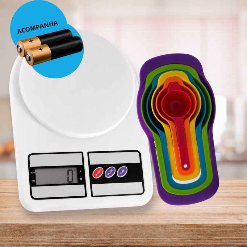 Balança Digital De Precisão 1g À 10kg Cozinha Dieta Fitnessc Com Pilha + Kit 6 Medidores De Cozinha Encaixáveis Premium de Qualidade