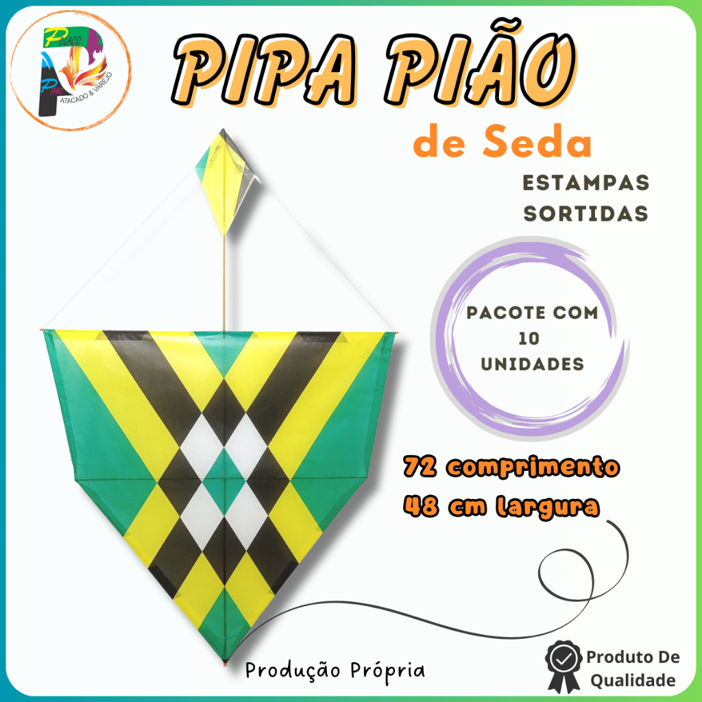Pipa Grande Pião 70 Cm Seda Central Taquara - Caixa 10 Unidades