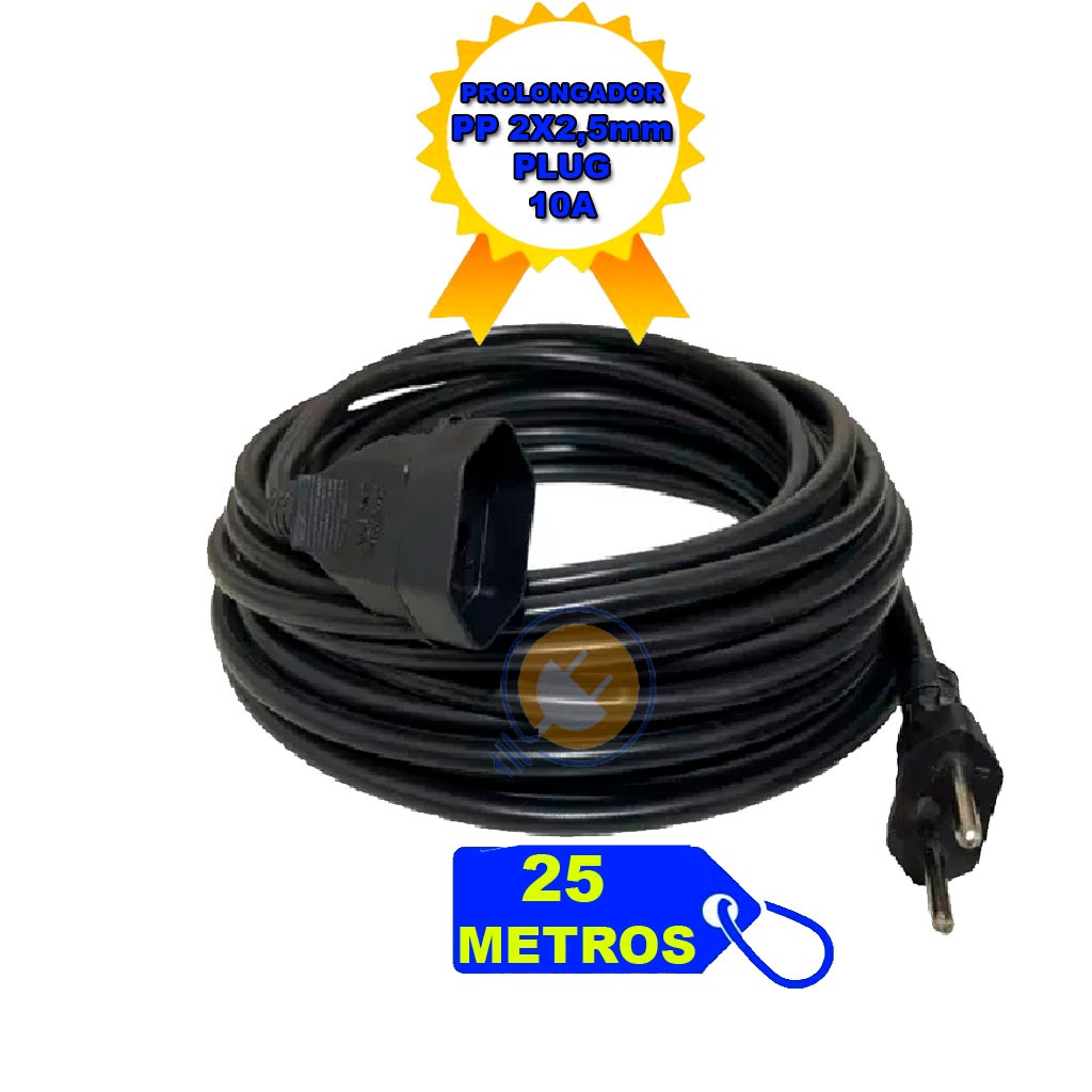Prolongador Extensão Elétrica 25 Metros 20 15 10 5 e 2 10a Cabo Pp2x2,5mm Plug Bipolar Injetado