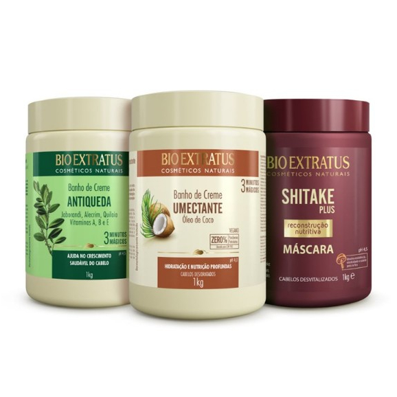 Kit Cronograma Cabelos Danificados Bio Extratus 1Kg (Jaborandi, Umectante e Shitake)