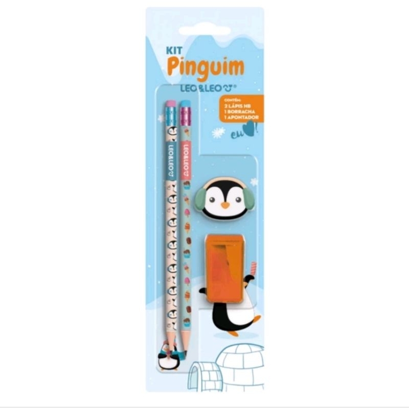 Kit Pinguim Picolé Donut Léo & Leo 4 Peças Lápis Borracha Apontador Papelaria Fofa Papelaria Criativa Papelaria Kawaii