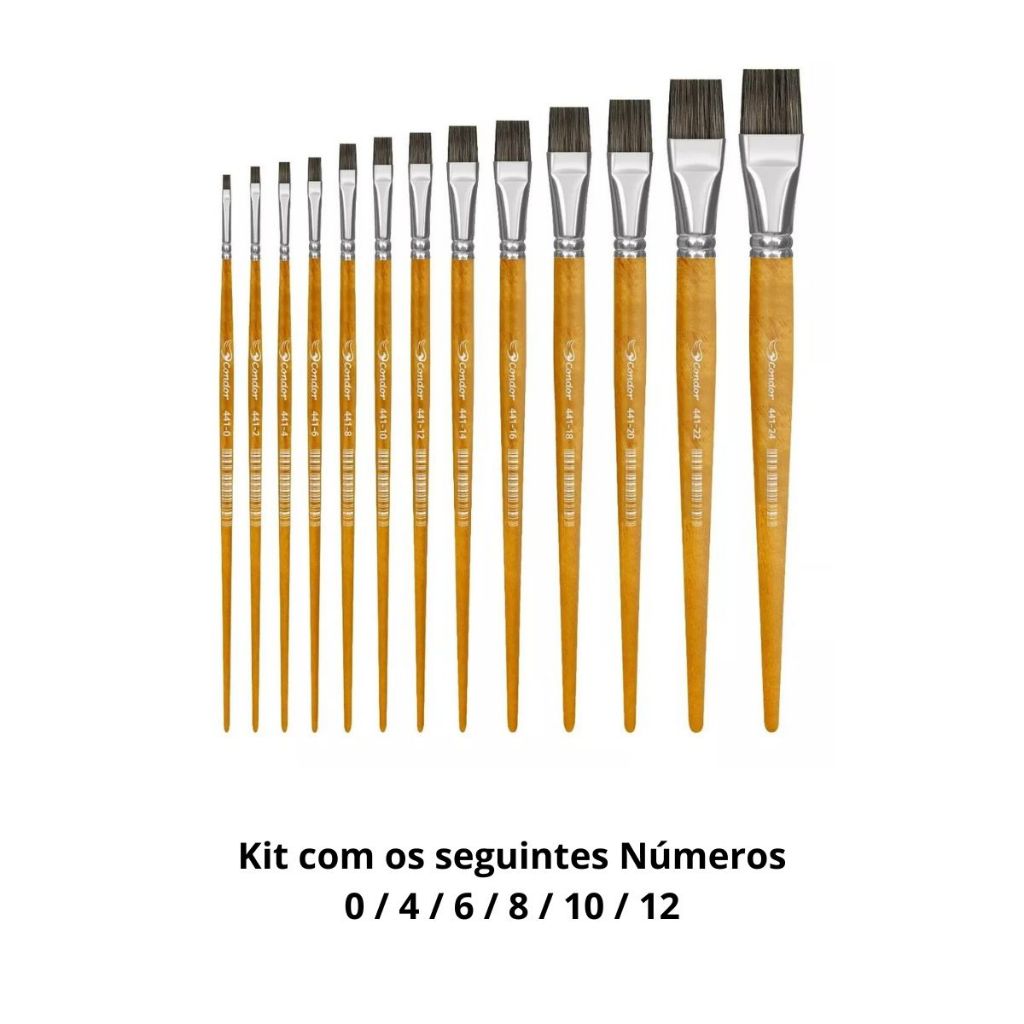 Kit 6x Pinceis Chato Condor 441 Números 0 / 4 / 6 / 8 / 10 / 12 - Pelo Orelha De Boi
