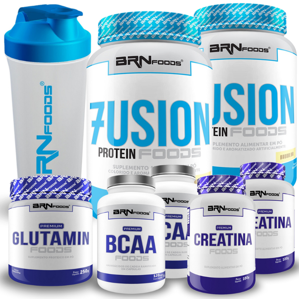 Kit 2x Whey Protein Fusion 900g + 2x Premium Creatina 100g + 2x Bcaa 120 Cáps 100g+ Glutamina 250g + Coqueteleira 600ml - BRN FOODS