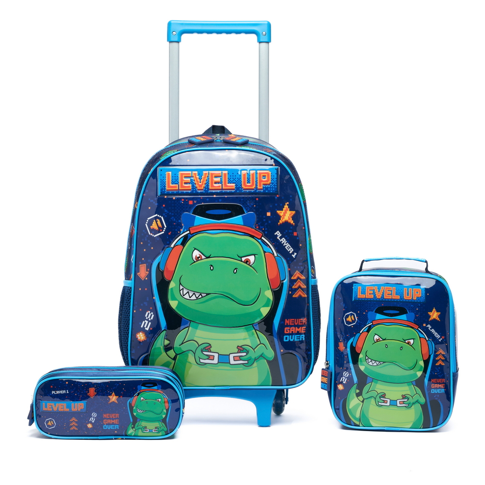 Kit Mochila de Rodinha Dinossauro Masculina Estojo Escolar Lancheira Térmica