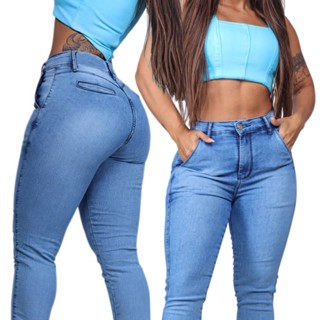 Calça jeans feminina SKINNY E FLARE preta premium cintura alta
