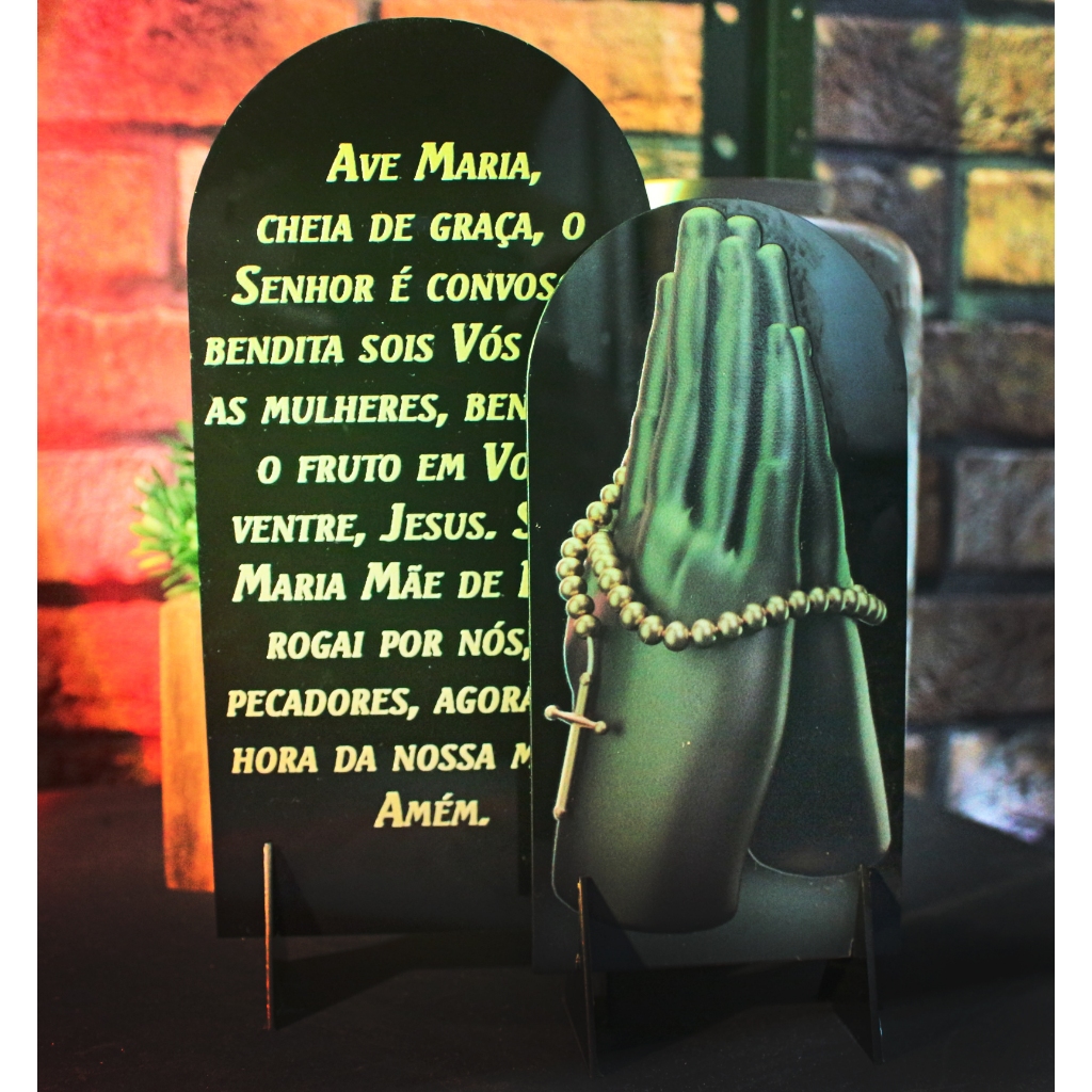 Oratório Religioso com oração Ave Mão Orando Terço Fé Nossa Senhora Acrilico brilhante kit 2 peças