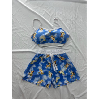Conjunto 2 peças shorts + cropped anjo anjinho azul borboleta rosa moda asthetic moda gringa