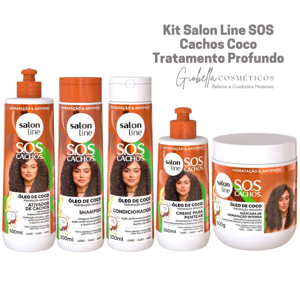 Kit Salon Line SOS Cachos Coco Shampoo + Condicionador + Ativador + Creme Pentear + Máscara Tratamento Profundo 5 Itens