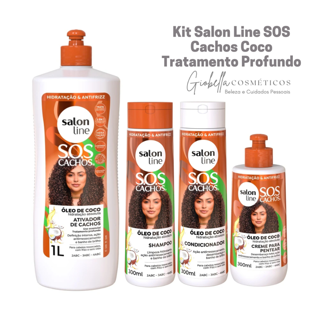 Kit Salon Line SOS Cachos Coco Shampoo + Condicionador + Ativador + Creme Pentear Tratamento Profundo 4 Itens