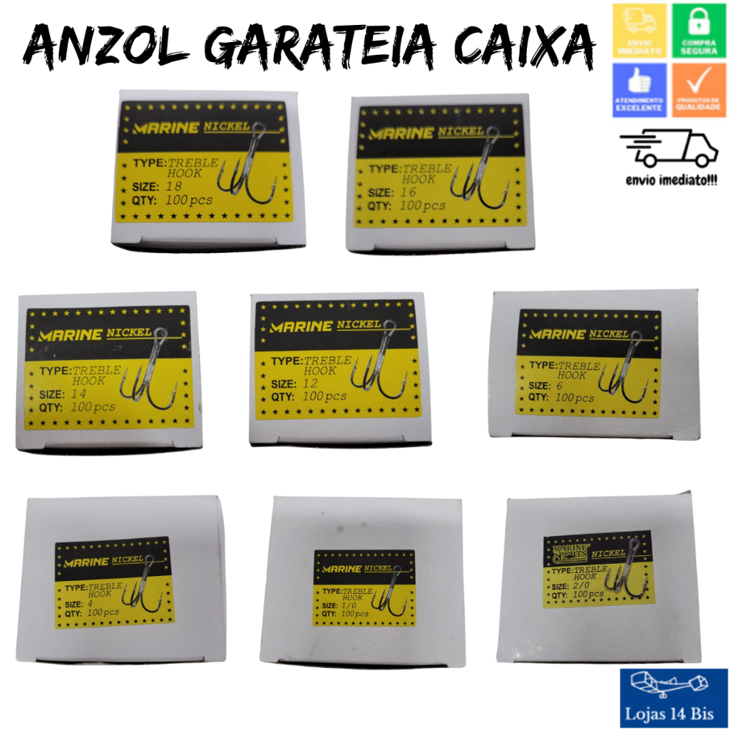 100 Anzol Garateia para Pesca Aço Carbono Acabamento Nickel Tamanhos Variados Marine Sports