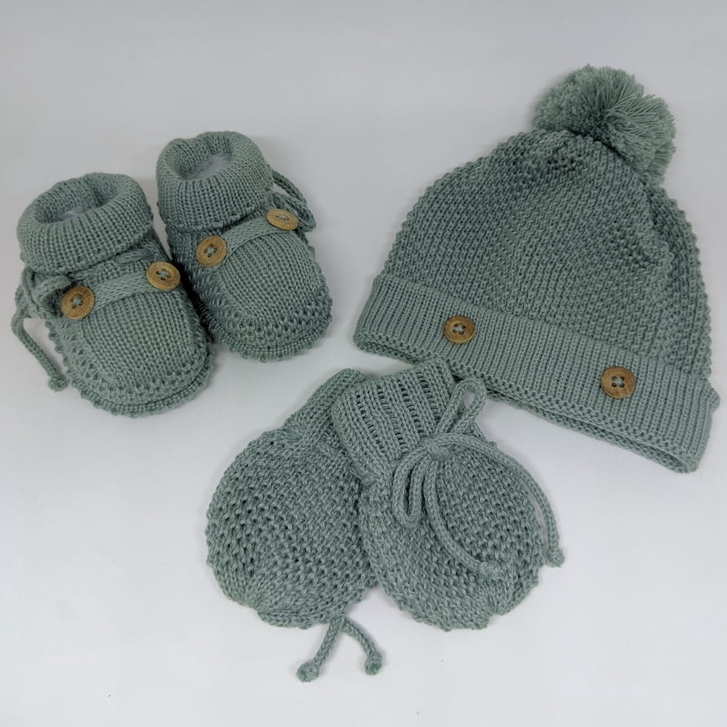 Kit Touca/Gorro , Luvas/Luvinha e Sapatinho/Botinha Algodão Recém Nascido RN Verde Maré em Tricô de Linha (VERDE MARÉ)