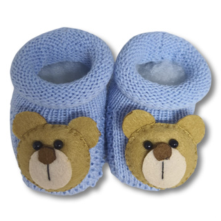 Sapatinho/Botinha Recém Nascido RN até 2 Meses em Tricô de Linha (Bebê)(AZUL BEBE COM URSINHO) em Oferta na Shopee