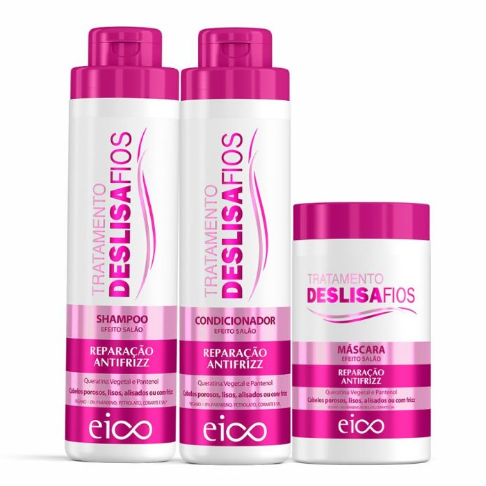 Eico Deslisa Fios Ultra Hidratação Shampoo Sem Sal e Condicionador Leave-in 800ml + Máscara Tratamento Capilar 1kg