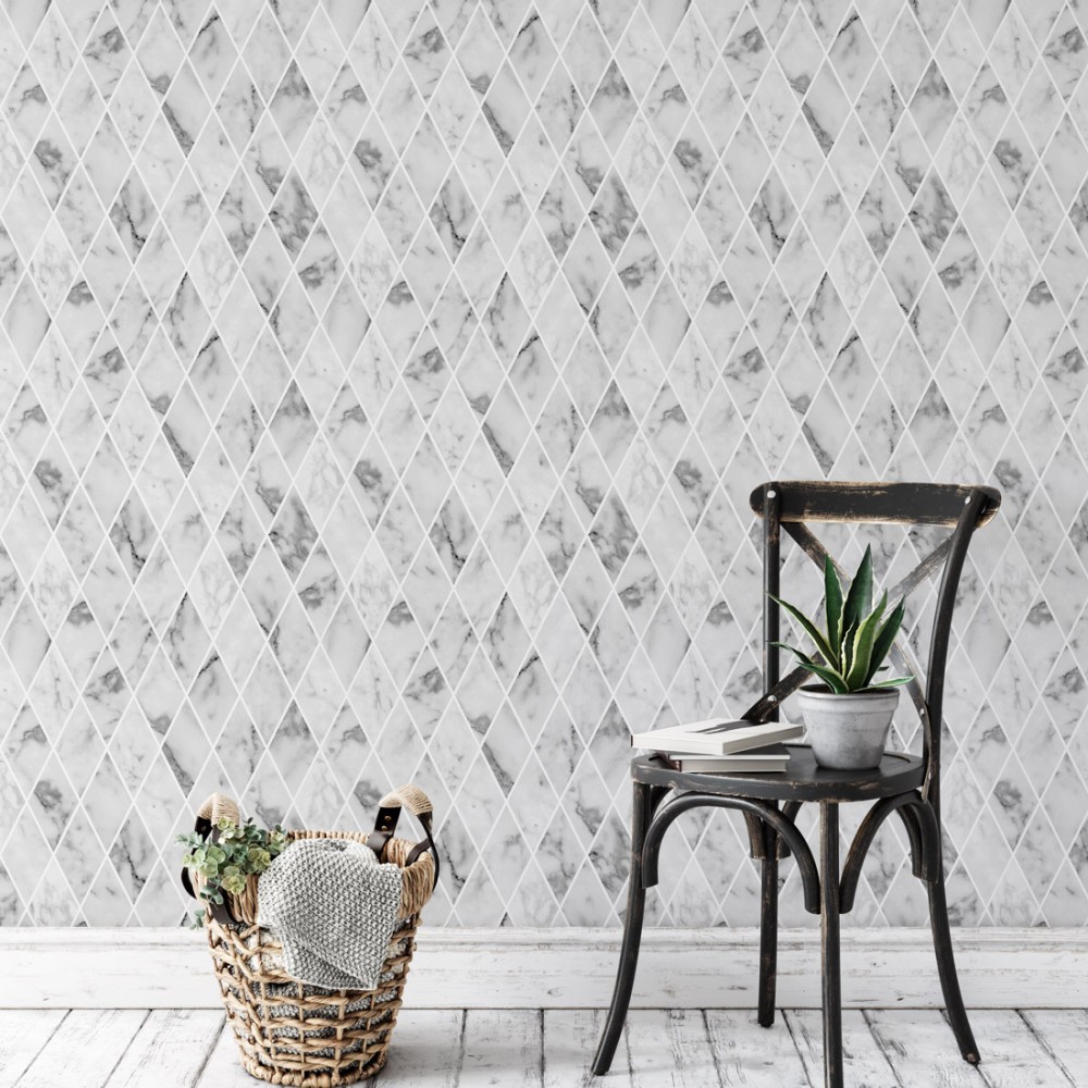 Papel de Parede Adesivo Mármore Branco Cinza Geométrico Decoração De ambiente Chique