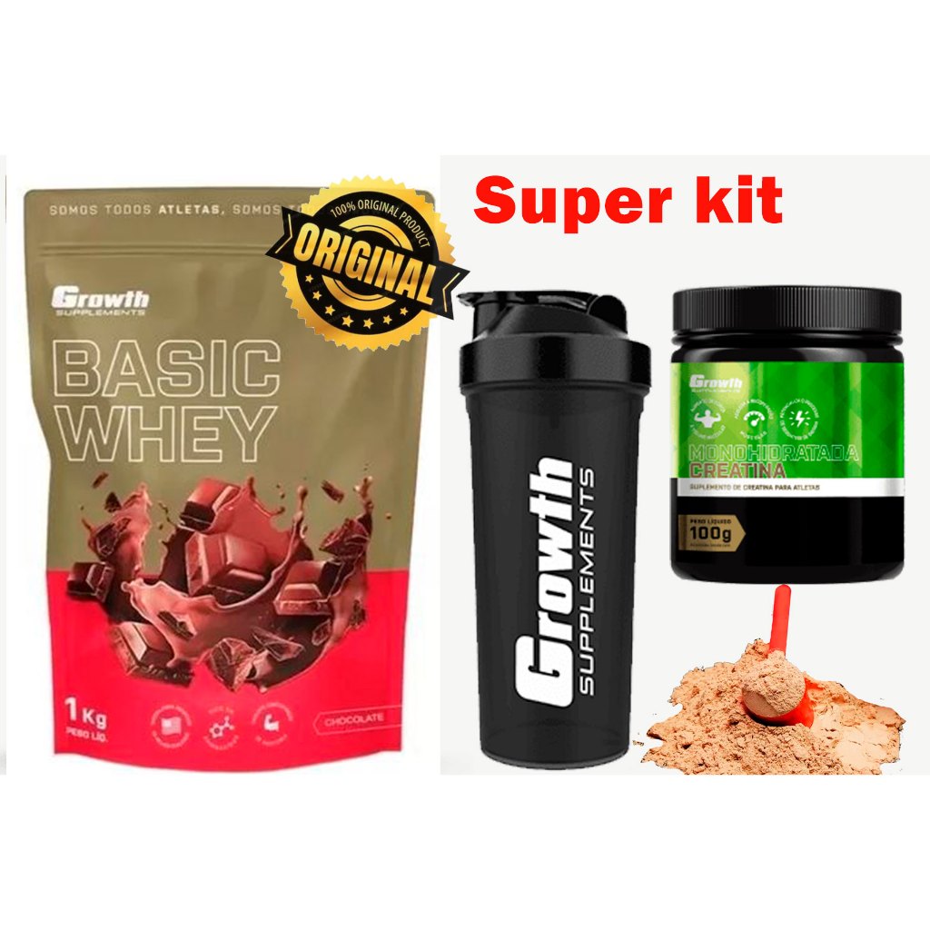 Basic Whey Sabor Chocolate ou Natural (1KG) Growth Supplements kit com 100g creatina e uma linda coqueteleira