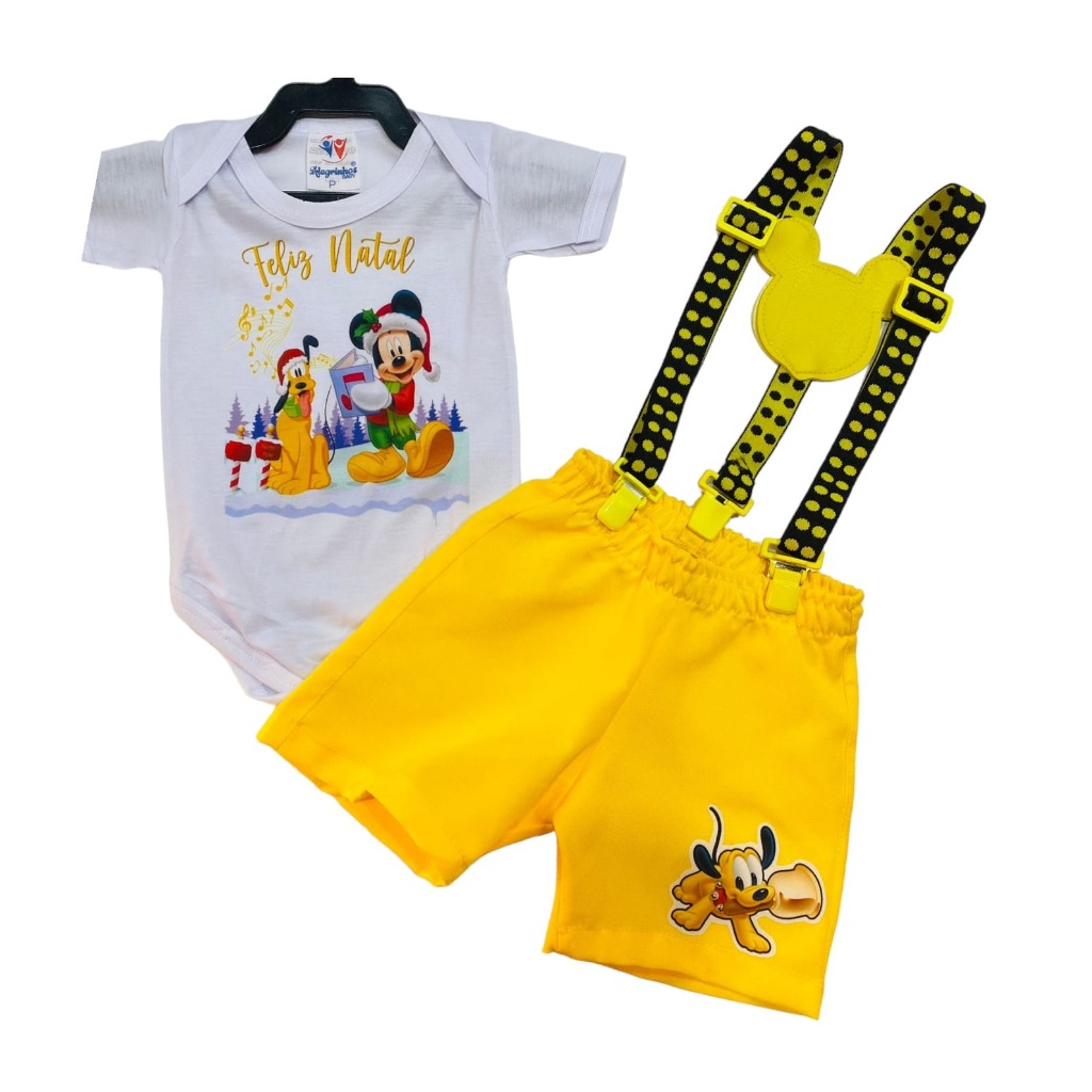 Conjunto Infantil Temático De Natal Roupa Festa Natalina De Bebê Menino 3 Peças Body, Short e Suspensório
