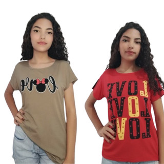 Kit 02 Blusa T-shirt Vermelha e Cinza com Estampa Baby Look e Camiseta Feminina