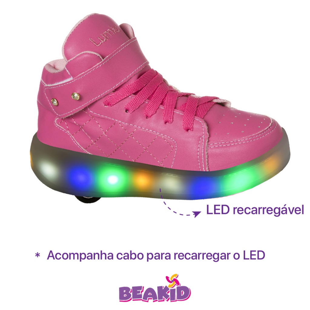 Tênis Infantil Beakid Menina Tenis Com Rodinha E Luz Led 1 Rodinha Cano Alto Rosa Pink Tendencia