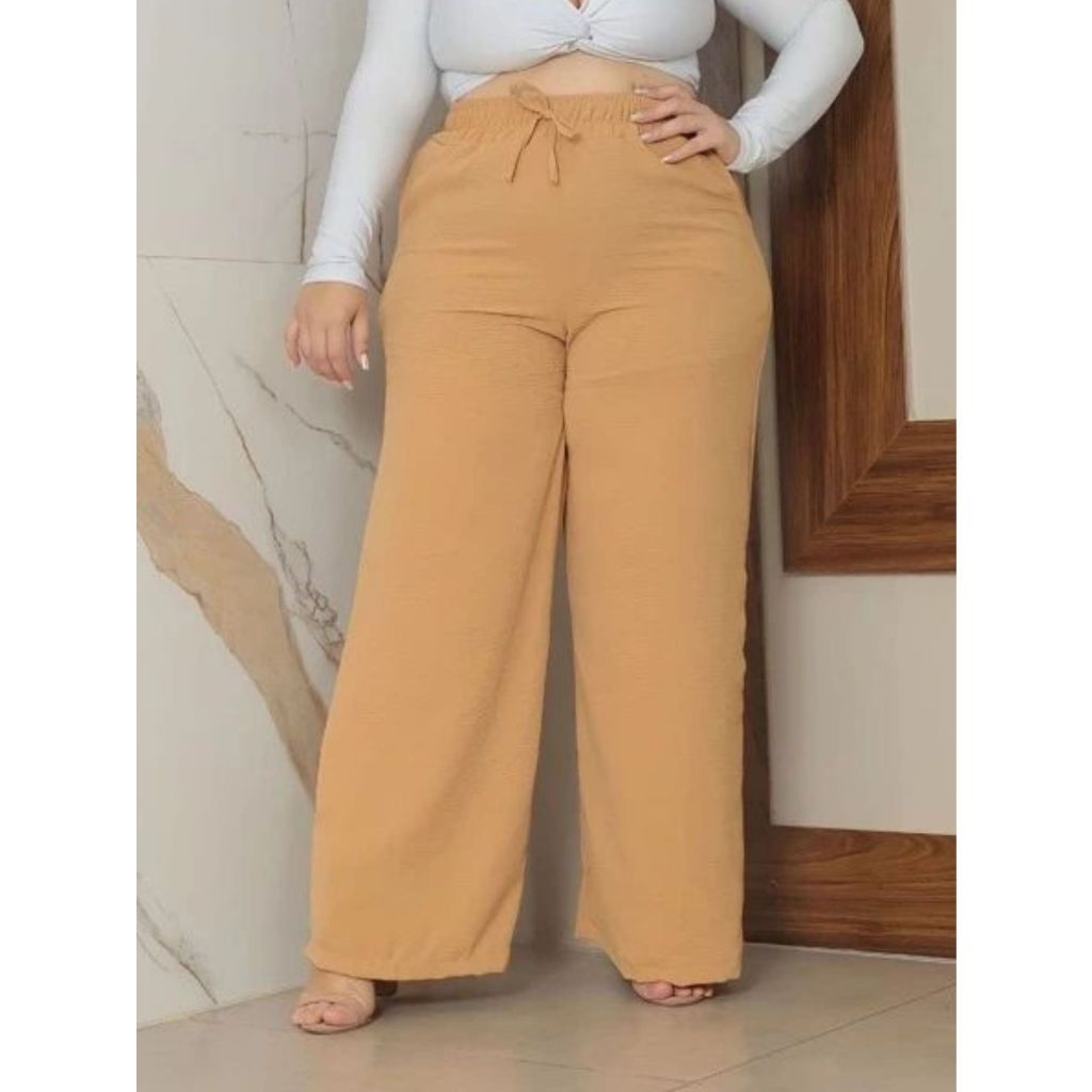Calça Pantalona Plus Size Feminina Com Elástico Na Cintura Com Bolso Cintura Alta Tecido Duna Linha Premium
