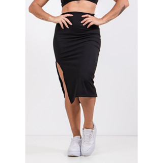Saia Midi Canelado Tendência Fenda Lateral Blogueira Moda Sereira Verão