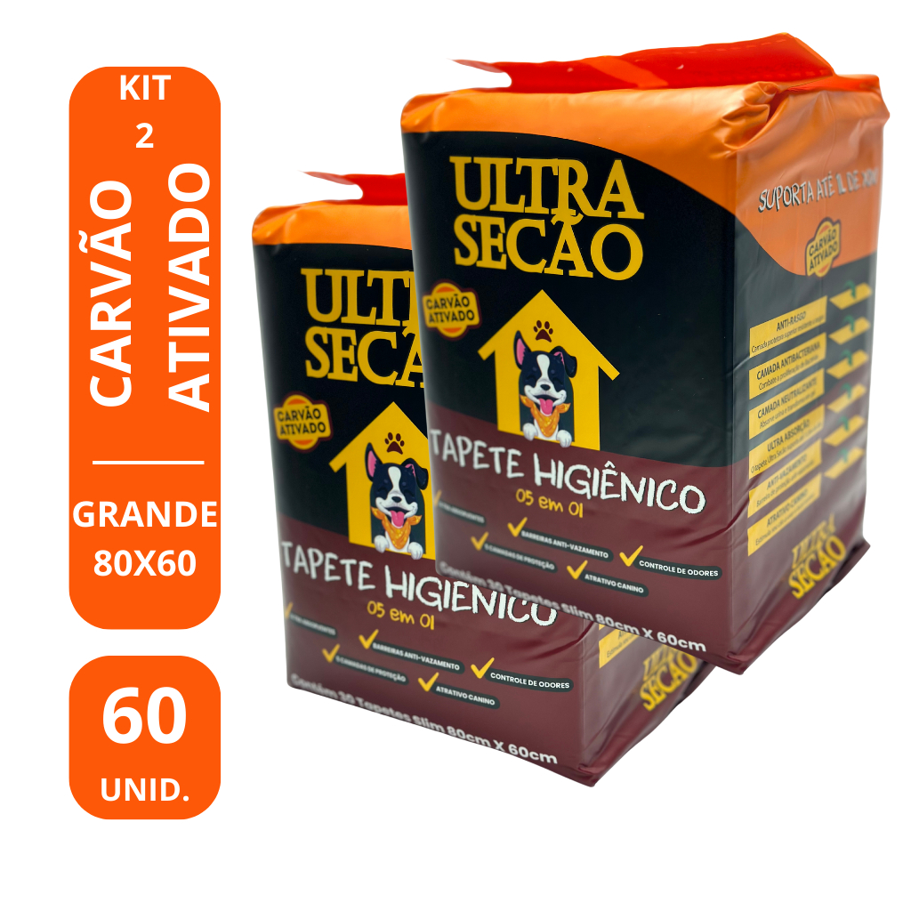 KIT 2 Tapetes Higiênicos Ultra Secão Carvão Ativado para Cães e Gatos Pets Grande 80x60 - 60 unidades