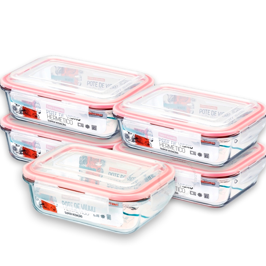 Conjunto 5 Potes Vidro Hermético Mantimentos Marmita 1050ml
