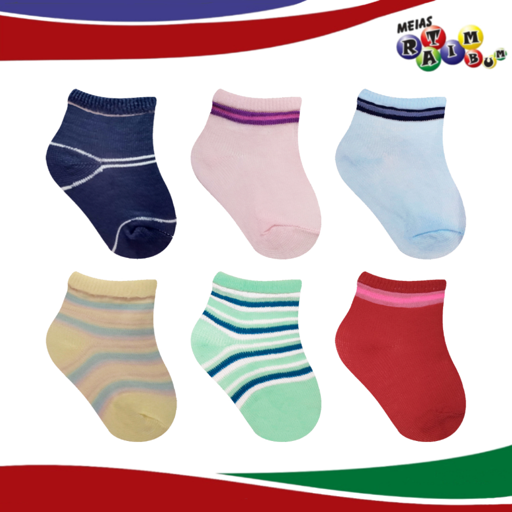 Kit 3 e 6 Pares de Meia Lisa Para Bebê (Recém Nascido) - Sortidas - 0 a 6 meses