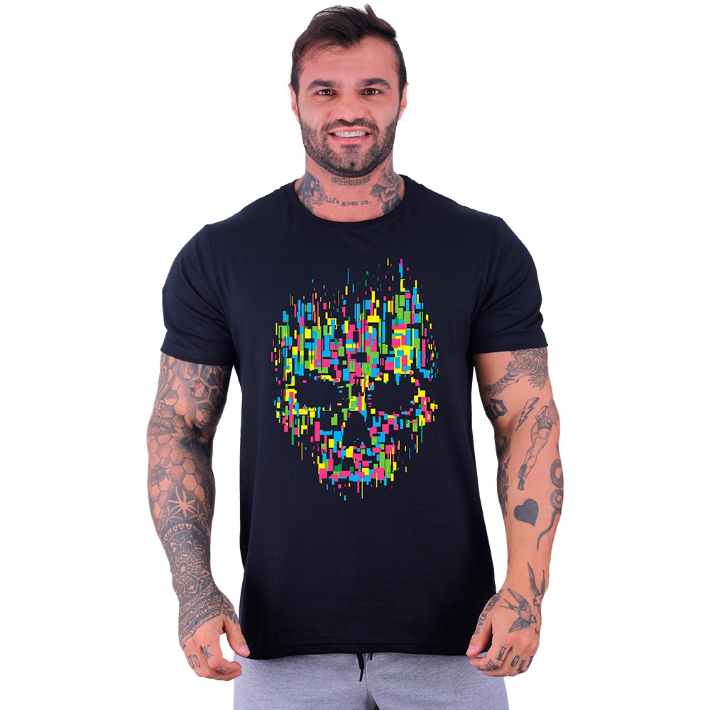 Camiseta Tradicional Masculina MXD Conceito Malha 30.1 Penteada Caveira Academia Halteres Lazer