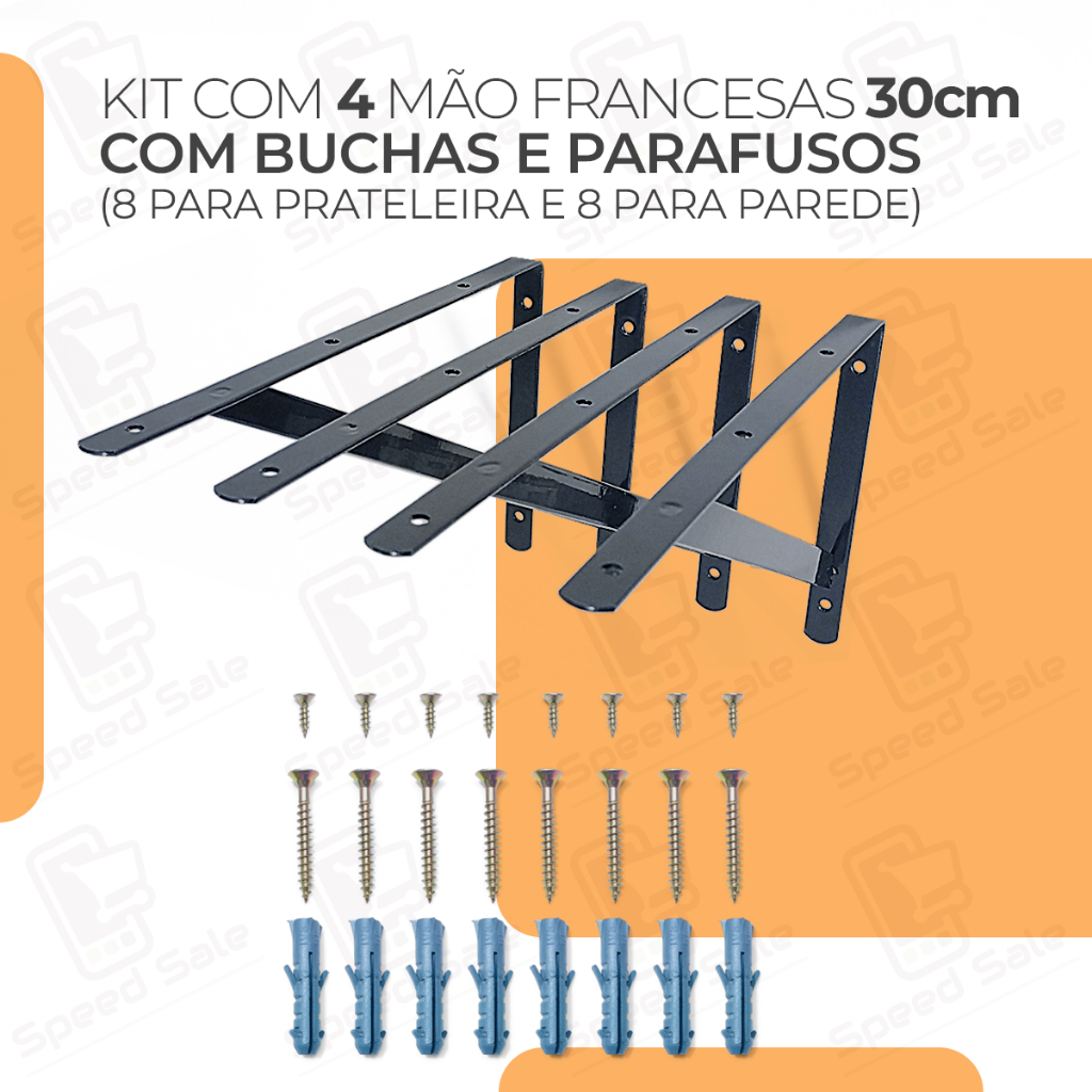 4x Mãos Francesas 30cm Acompanha Kit De Parafuso E Bucha Preta Suporte prateleira industrial preta branca metalico
