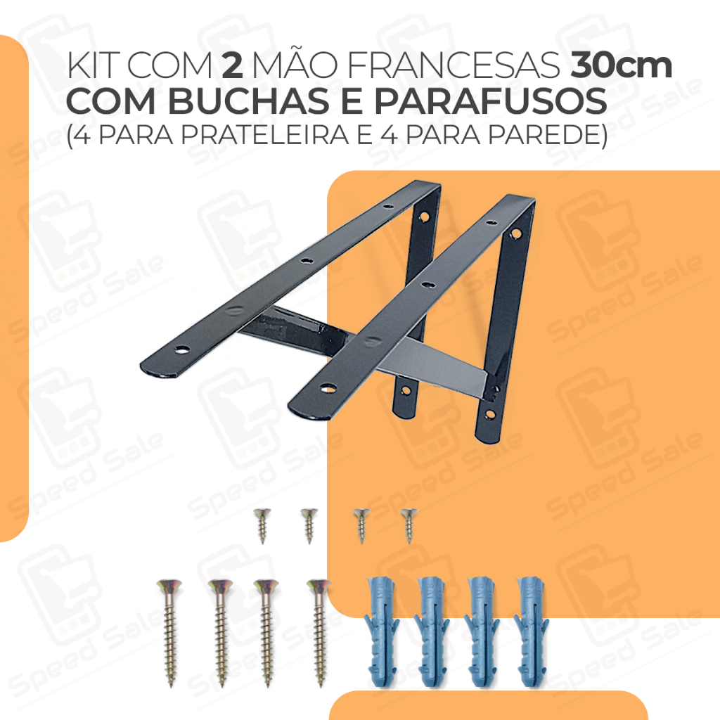 2x Mãos Francesas 30cm Acompanha Kit De Parafuso E Bucha Preta Suporte prateleira industrial preta branca metalico