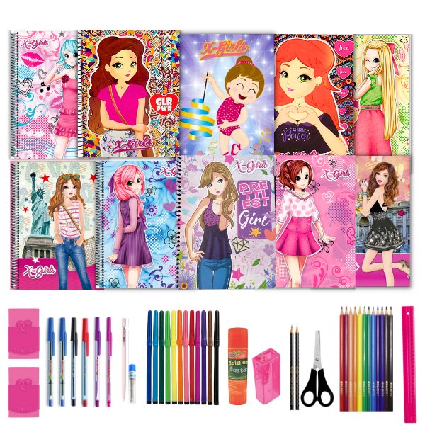 Kit 10 Cadernos Meninas 96fls Espiral Capa Dura + Acessórios em Oferta na Shopee