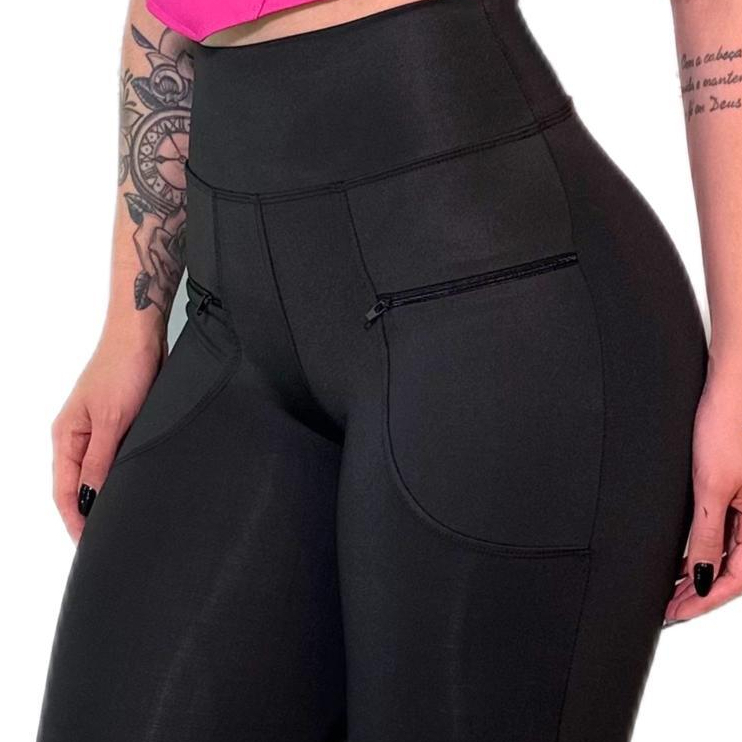 Legging Montaria Preta Bolso Ziper Cintura Alta Cós Duplo M ao G4