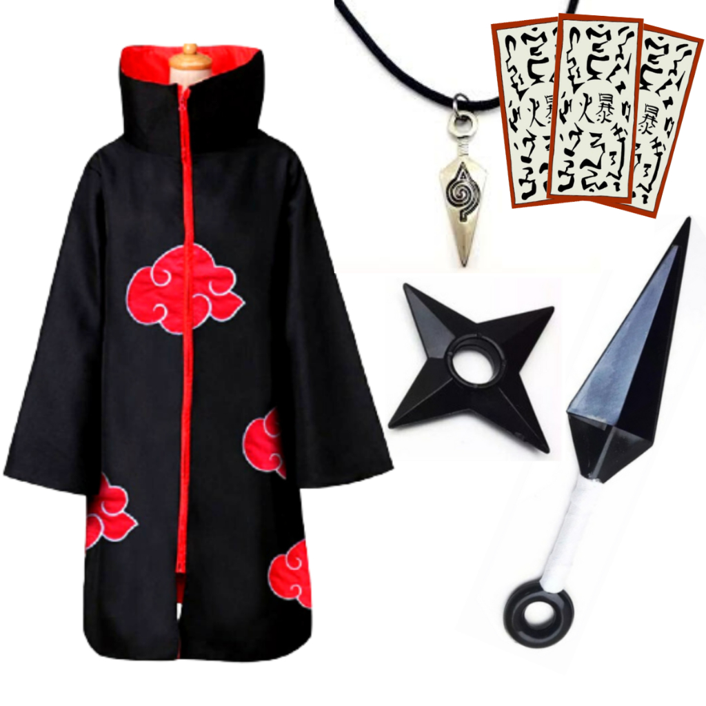 Manto Da Akatsuki Kit Ninja + Colar Kunai Fantasia Naruto Gola Dura/Zíper