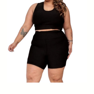 Conjunto Feminino Academia Plus Size Top Básico Costas Nadador E Bermuda Básica Cintura Alta Suplex