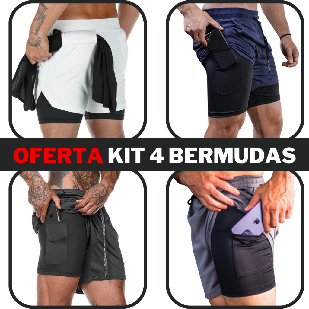 KIT 4 bermuda masculina 2 em 1 para academia shorts masculino duplo