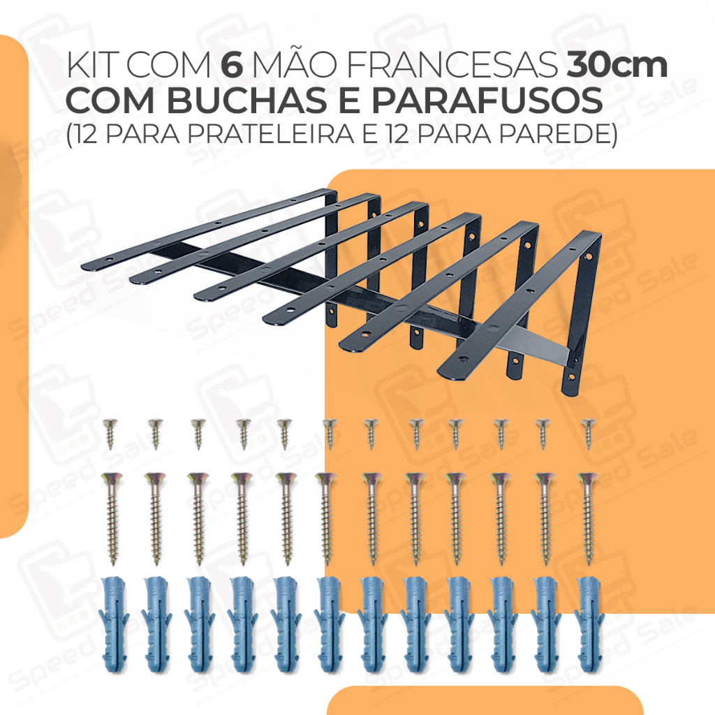 6x Mãos Francesas 30cm Acompanha Kit De Parafuso E Bucha Preta Suporte prateleira industrial preta branca metalico