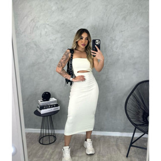 Vestido Feminino Midi tomara que caia Kardashian Tecido Ribana Estiloso Gringo