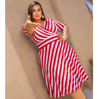 Casual Vestido Princesa Listrado Gola Transpassada Básico Plus Size Moda Evangélica