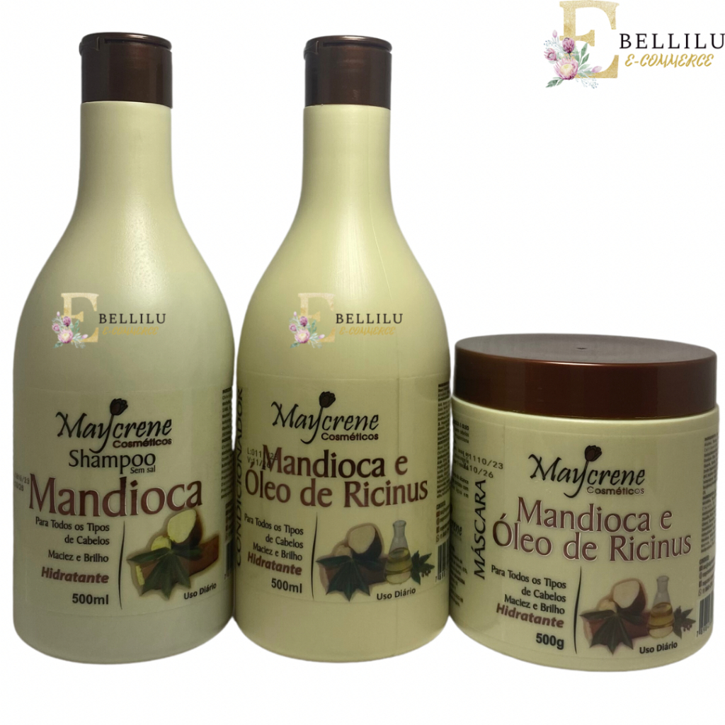 Kit Mandioca e Óleo de Ricinus 500ML Shampoo Condicionador Máscara 3 Produtos- ENVIO IMEDIATO em Oferta na Shopee