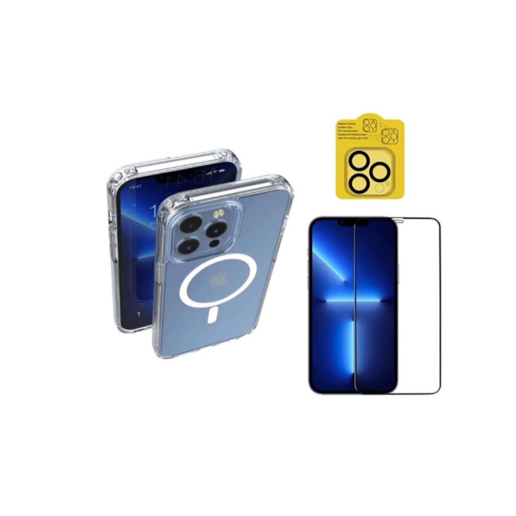 Kit Capa Capinha Clear Case Compatível Com Magsafe + pelicula tela vidro 3D + pelicula para camera  iphone 14 plus
