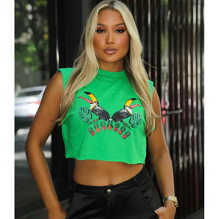 Cropped regata gringo malha verão estampado moda blogueira regatinha tucano estilo farm tropical