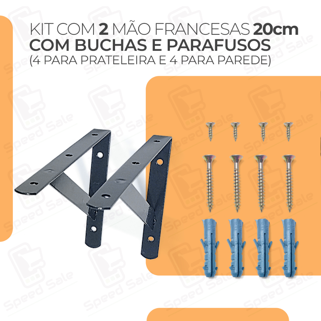 2x Mãos Francesas 20cm Acompanha Kit De Parafuso E Bucha Preta Suporte prateleira industrial preta branca metalico